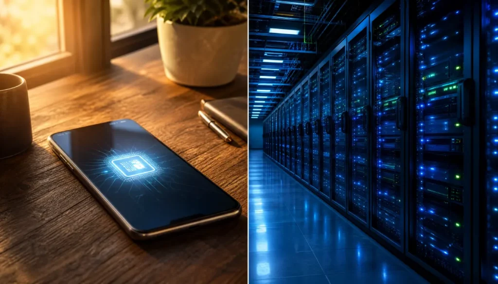 Visual comparison between edge AI on a local device and cloud AI in a server room