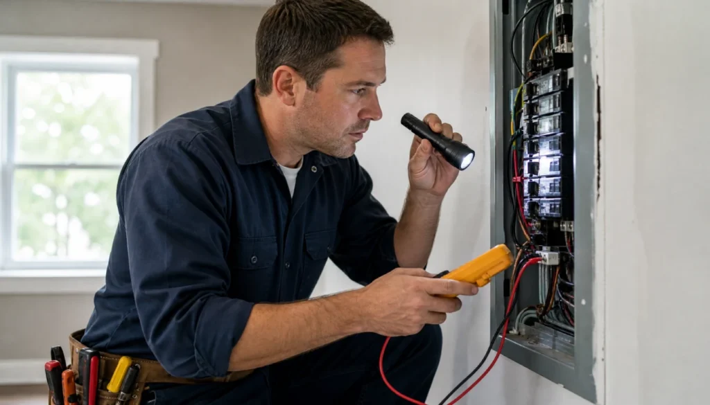 Electrician inspecting a home breaker panel with a multimeter
