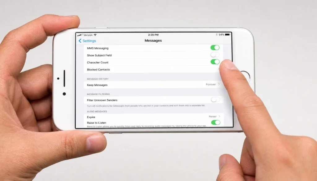 Hand tapping RCS toggle in iPhone Messages settings