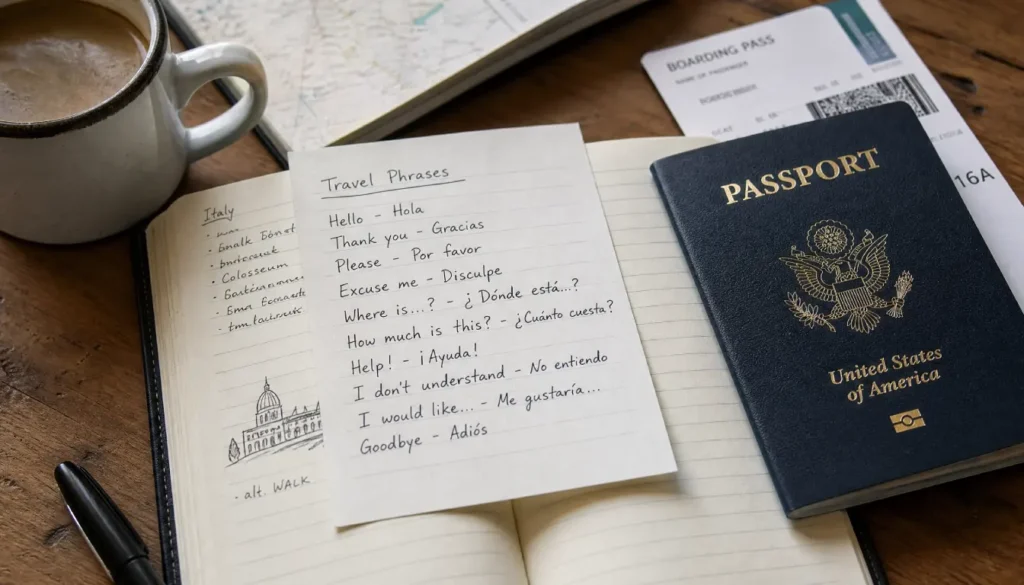 Handwritten notecard with basic travel phrases next to a passport and coffee