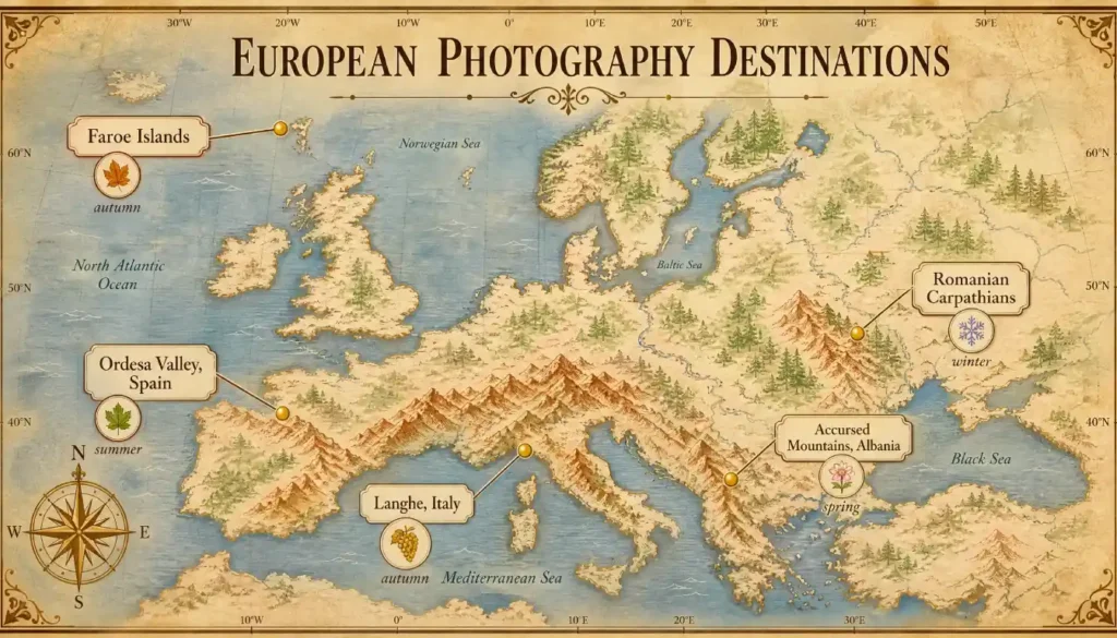 Map of Europe highlighting top landscape photography locations for 2026 – Albania, Spain, Faroe Islands, Romania, Italy with seasonal recommendations.