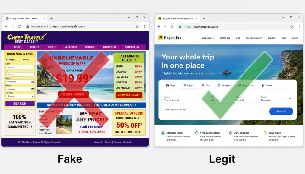Side-by-side comparison of a fake booking website and a legitimate one showing URL and padlock