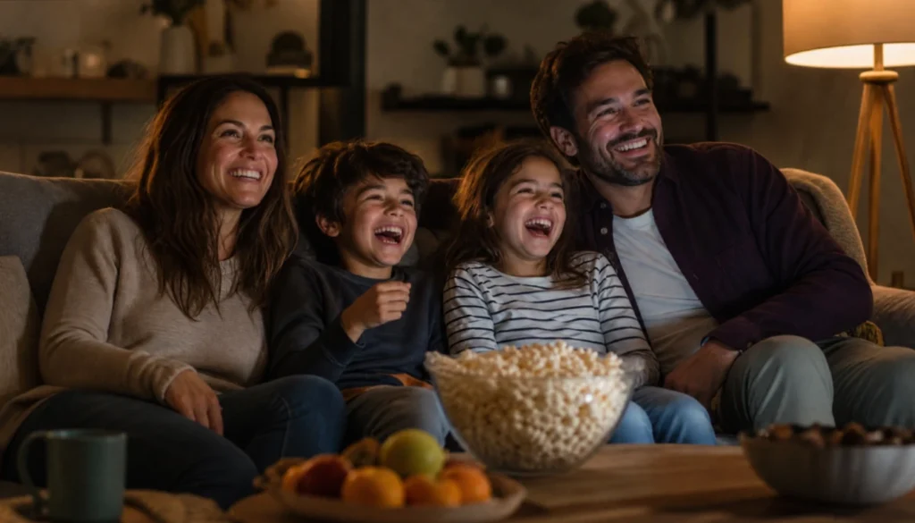 Family gathered on the couch enjoying movie night together