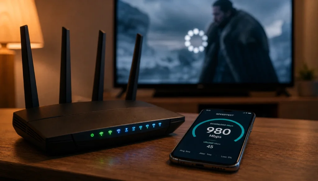 Wifi router and speed test showing fast internet while a TV buffers in the