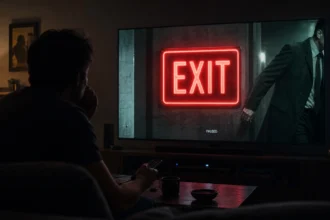 Actor mysteriously exiting a TV show scene with glowing exit sign
