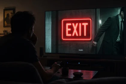 Actor mysteriously exiting a TV show scene with glowing exit sign