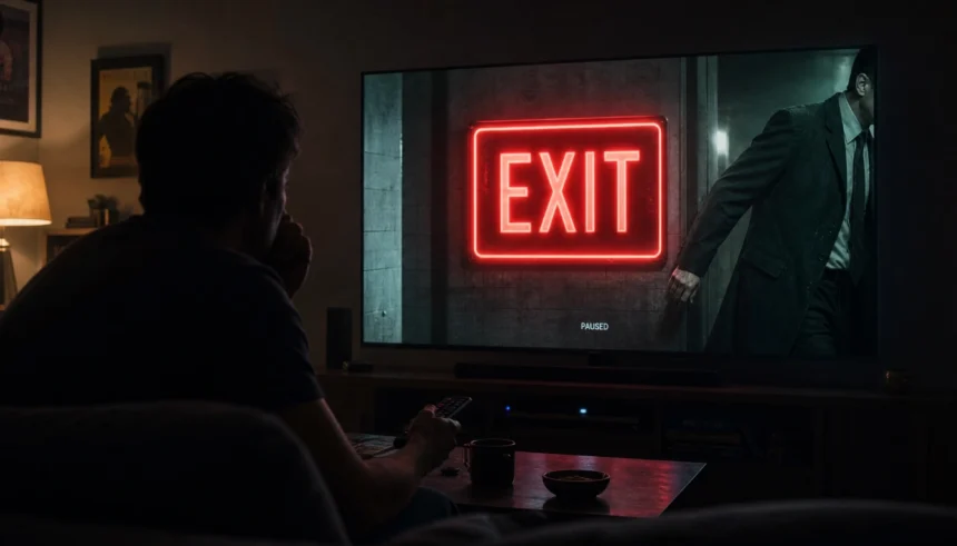 Actor mysteriously exiting a TV show scene with glowing exit sign
