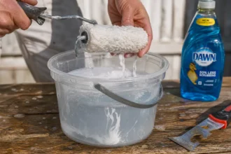 Close up of hands rinsing a paint roller in soapy water with a scraper and dish soap nearby.