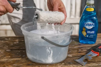 Close up of hands rinsing a paint roller in soapy water with a scraper and dish soap nearby.
