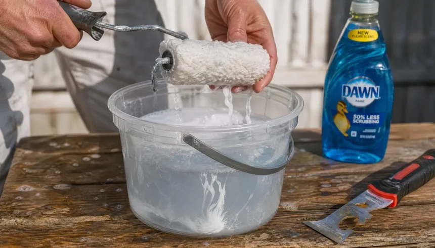 Close up of hands rinsing a paint roller in soapy water with a scraper and dish soap nearby.