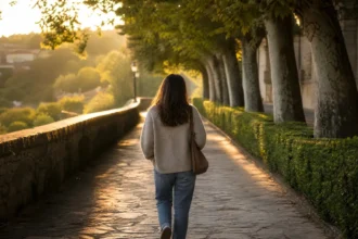 Person walking on a tree lined path in casual clothes at sunrise