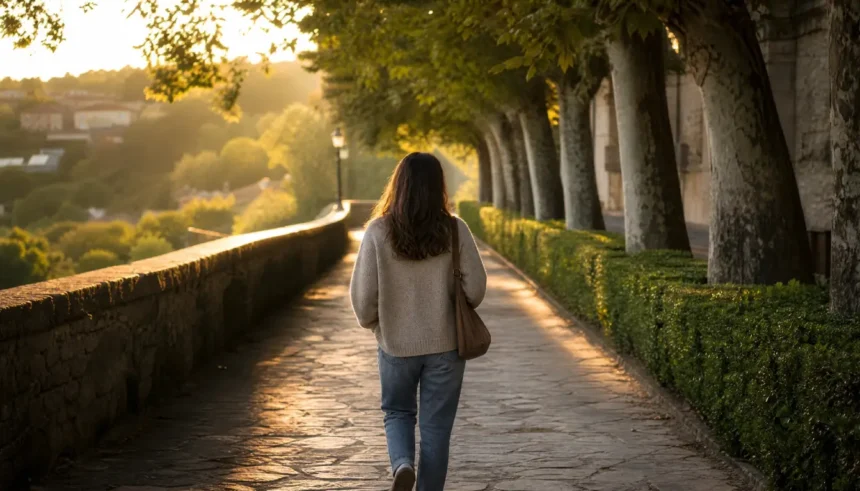 Person walking on a tree lined path in casual clothes at sunrise