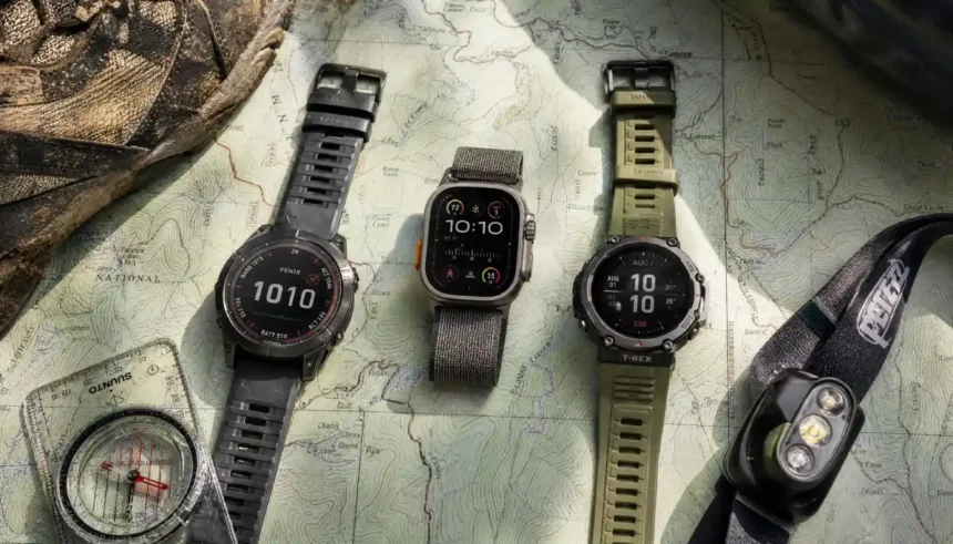 Garmin Fenix 7X, Apple Watch Ultra 2, and Amazfit T-Rex 3 side by side on a hiking map