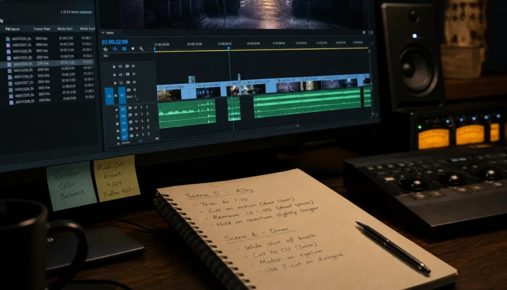 Film editing timeline showing scenes being cut and rearranged