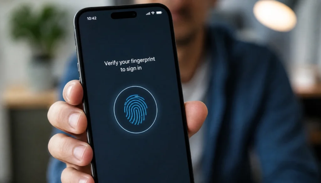 Smartphone screen asking to verify fingerprint for passwordless sign-in.
