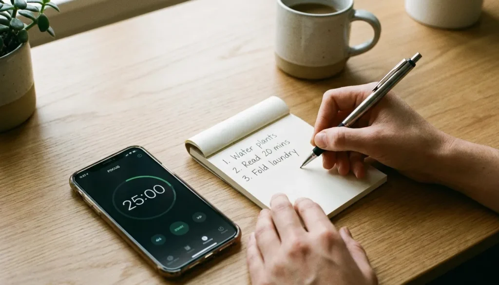 Hands writing a short to-do list with a timer set nearby