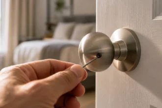 Hand using a hex key to tighten a loose doorknob set screw