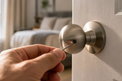 Hand using a hex key to tighten a loose doorknob set screw
