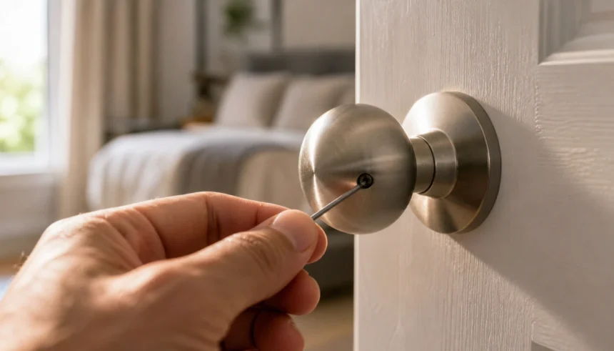 Hand using a hex key to tighten a loose doorknob set screw