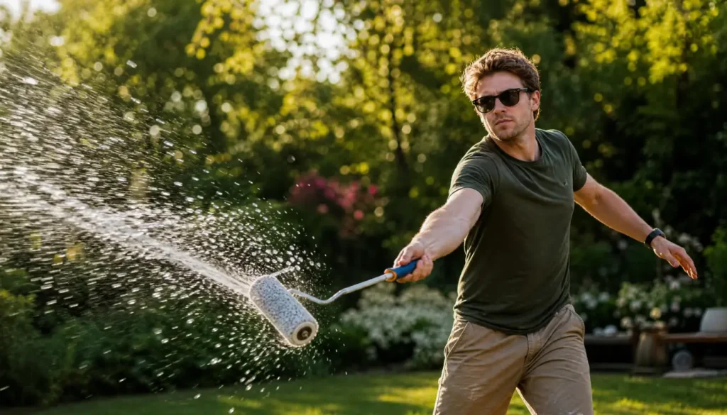 Flicking water out of a clean paint roller to speed up drying without a spinner tool.