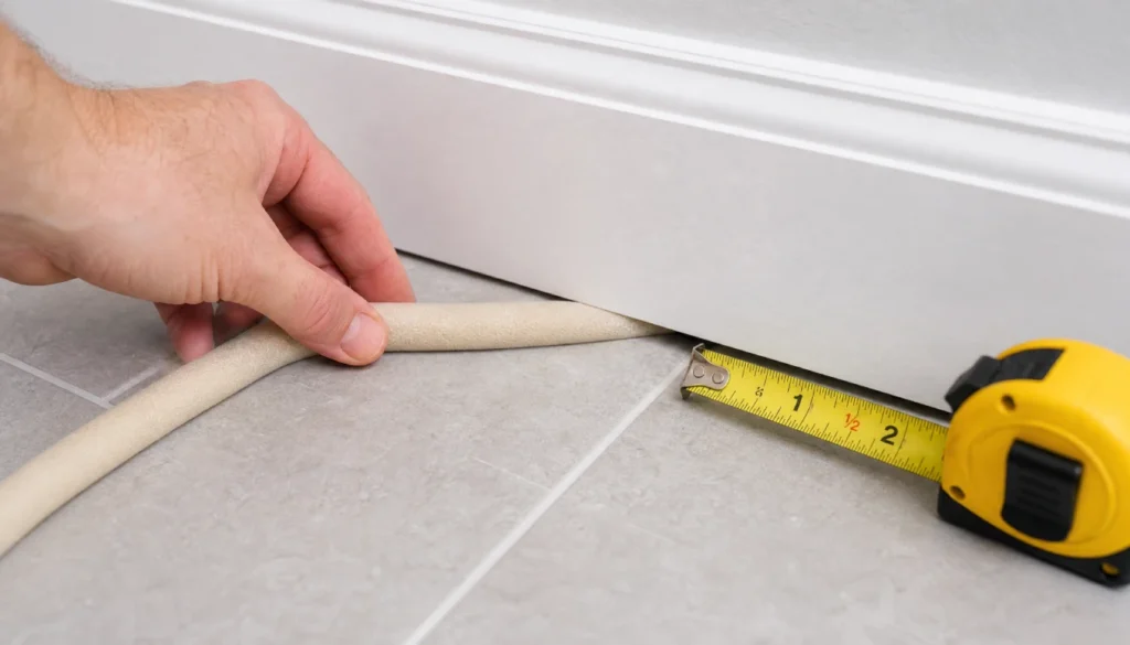 Pressing foam backer rod into baseboard gap to stop drafts without caulk
