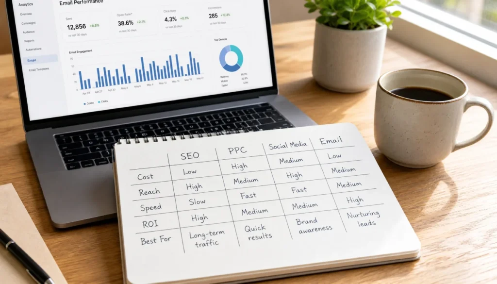 Handwritten comparison chart of free email list building methods next to a laptop