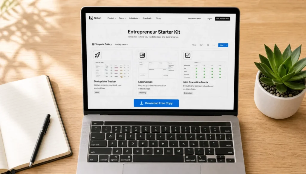 Free Notion template for early stage startup planning displayed on screen