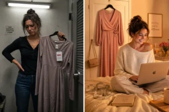 Woman going from stressful fitting room shopping to relaxed at-home outfit planning
