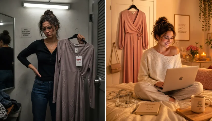 Woman going from stressful fitting room shopping to relaxed at-home outfit planning