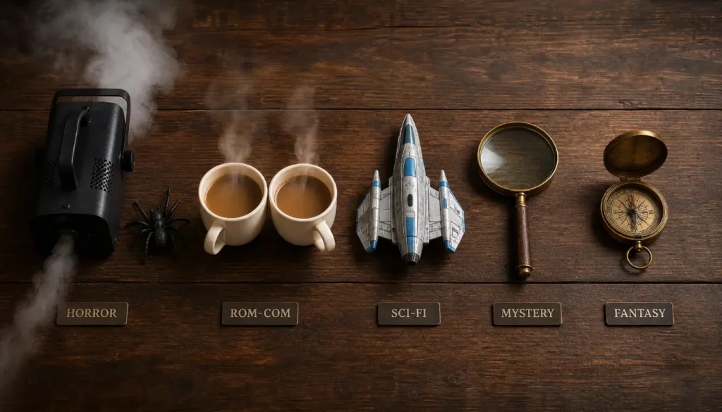 Flat lay of props representing horror, romance, sci-fi, mystery, and fantasy genres