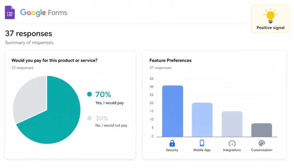  Google Forms response summary with pie chart and bar graph for business idea validation data.