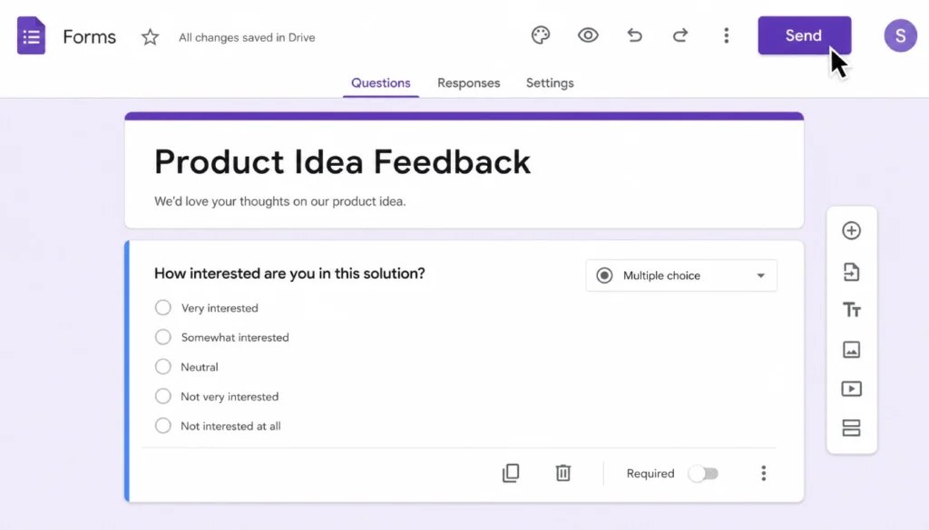 Google Forms survey editor showing a business idea validation question with multiple choice options.