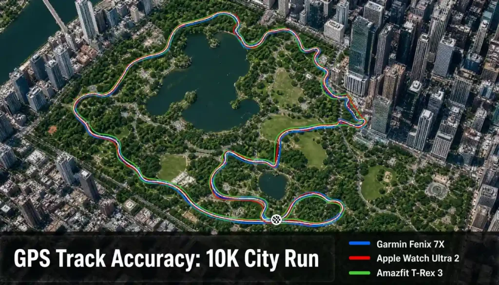 GPS track comparison map Garmin vs Apple vs Amazfit 10K run