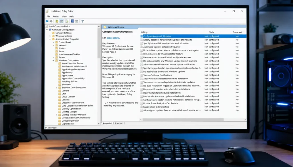 Group Policy Editor open to Windows Update configuration screen