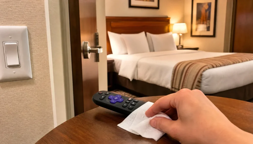 Cleaning a hotel room remote control and light switch to reduce germ exposure