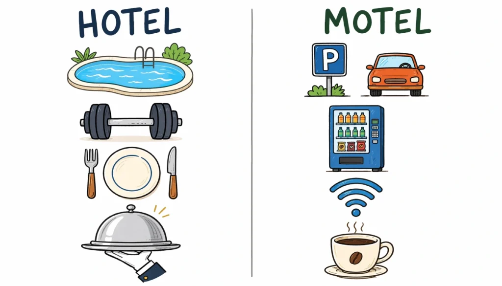 Hotel amenities vs motel amenities illustrated chart