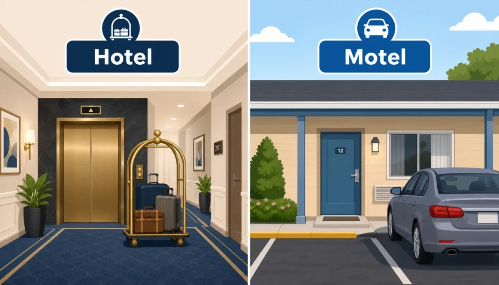 Hotel interior hallway vs motel exterior corridor comparison