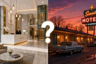 Hotel lobby vs roadside motel illustration showing the hotel vs motel difference