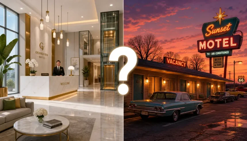 Hotel lobby vs roadside motel illustration showing the hotel vs motel difference