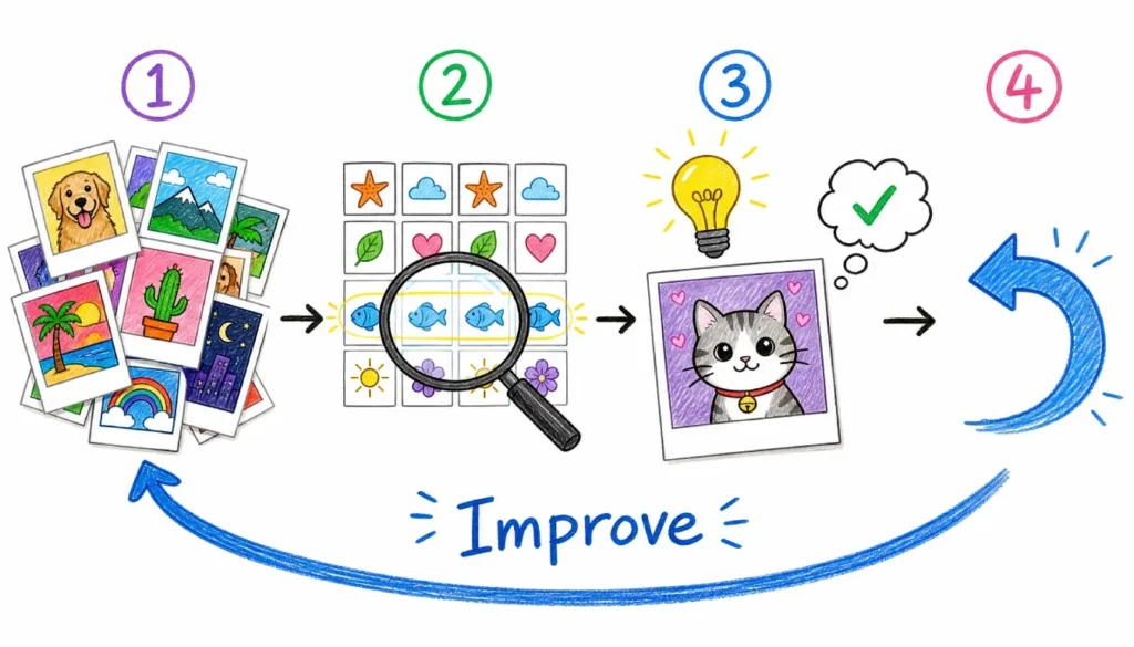 Simple diagram explaining how AI works, learning from data, finding patterns, making predictions, and improving