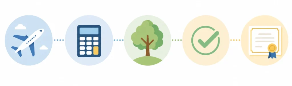 Simple visual showing the five steps of how flight carbon offsetting works