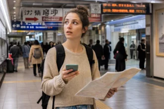 First time traveler standing in a foreign airport feeling nervous about culture shock