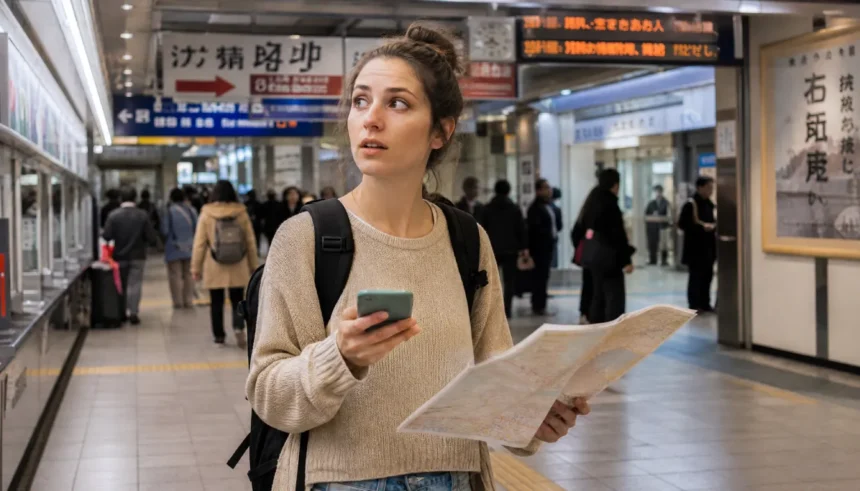 First time traveler standing in a foreign airport feeling nervous about culture shock