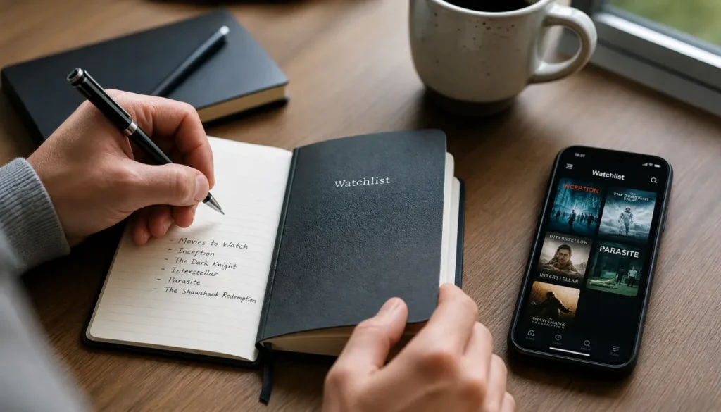 Person writing a personal watchlist in a notebook next to their phone