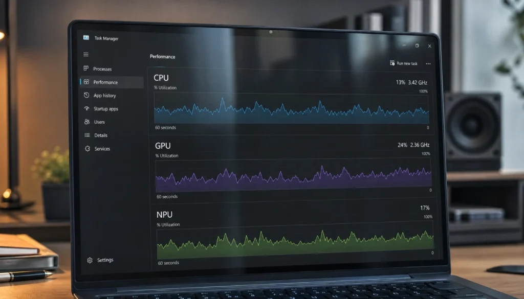 Laptop screen showing CPU, GPU, and NPU performance sections