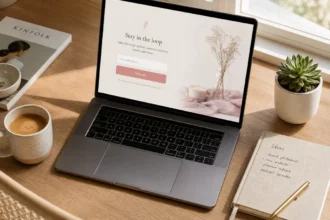 Laptop showing an email newsletter signup page on a cozy desk with coffee and notebook
