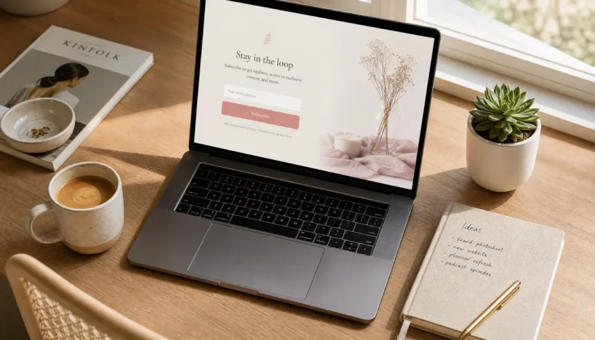 Laptop showing an email newsletter signup page on a cozy desk with coffee and notebook