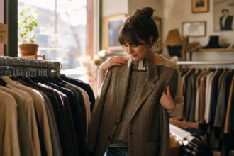 Woman browsing a thrift store rack and holding up a wool blazer to check the fit