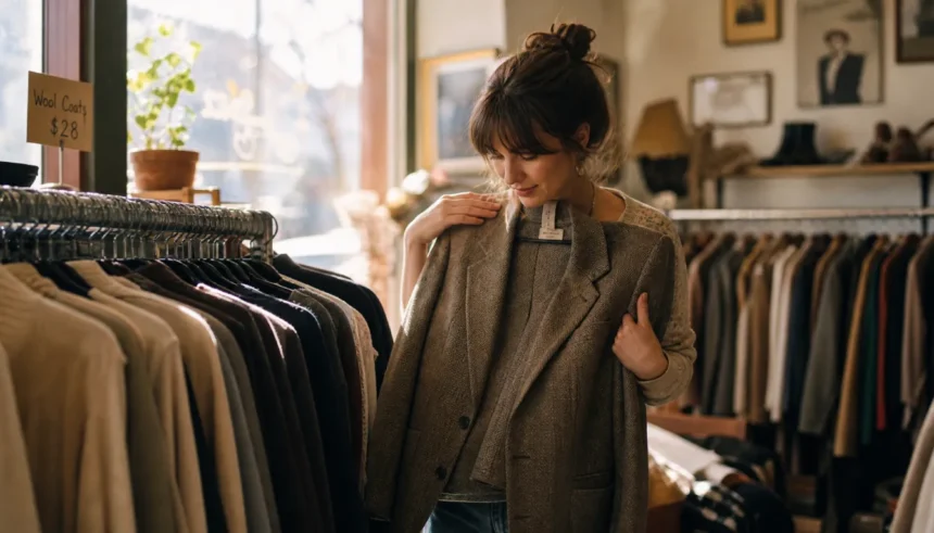 Woman browsing a thrift store rack and holding up a wool blazer to check the fit