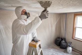 Homeowner wearing protective gear safely scraping wet popcorn ceiling texture during DIY removal